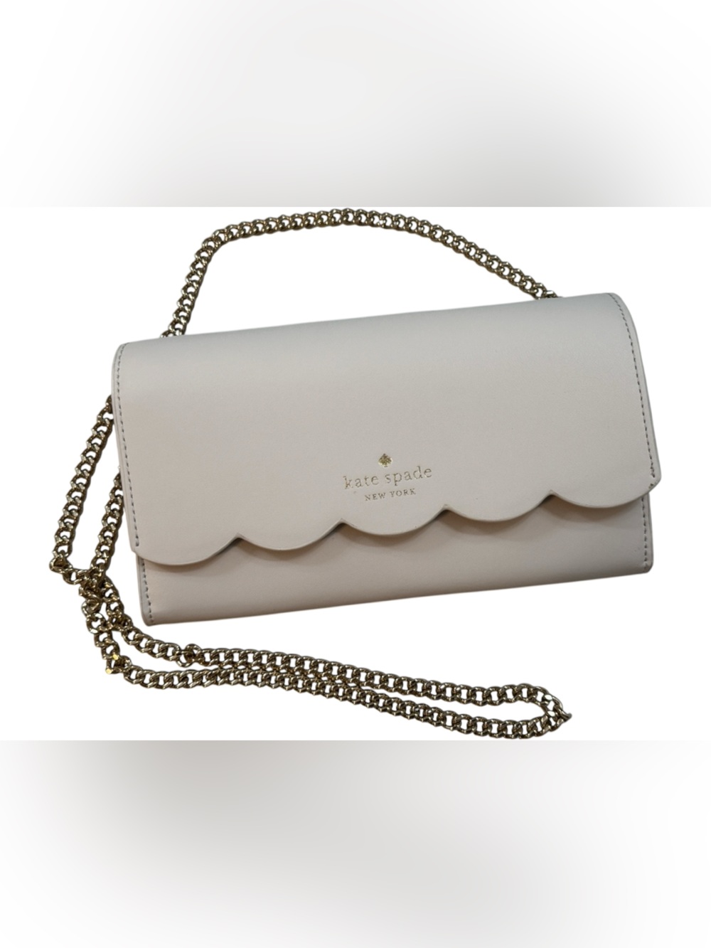 Kate Spade Emma White with grey lining Scalloped Flap Crossbody with Chain